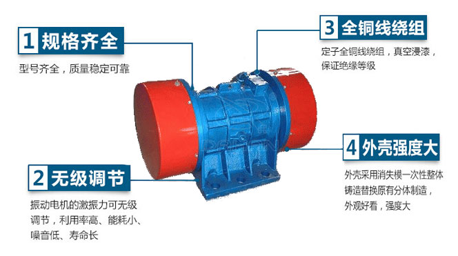 VB振動電機特點：1，規格齊全：型號齊全，質量穩定可靠。2，無極調節：振動電機的激振力可無極調節，利用率高，能耗小，噪音低，壽命長。4，外殼輕度大：外殼采用消失模一次性整體鑄造替換原有分體制造，外觀好看，強度大。